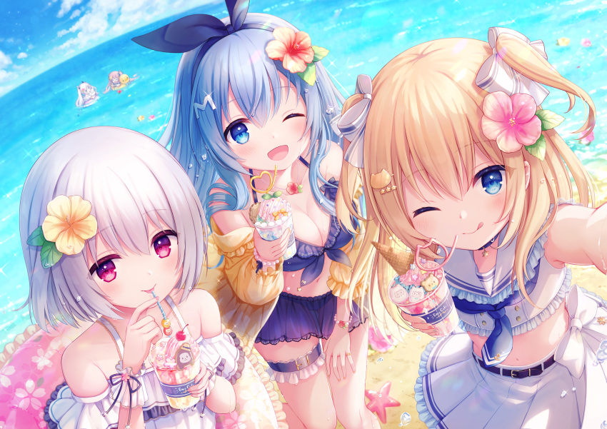 beach bikini blonde_hair blue_eyes breasts cleavage close clouds emori_el emori_miku emori_miku_project flat_chest flowers garter gray_hair headband hoshisakura_kirano kon_hoshiro long_hair navel purple_eyes skirt sky swimsuit tagme_(character) water