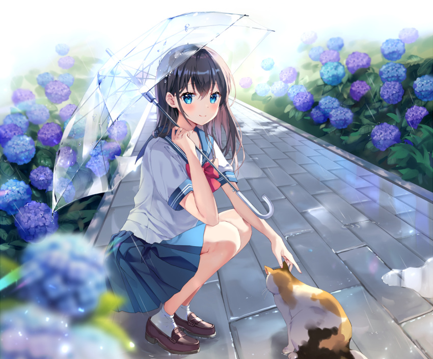 animal brown_hair cat flowers long_hair mayo_(miyusa) original rain school_uniform skirt socks umbrella water