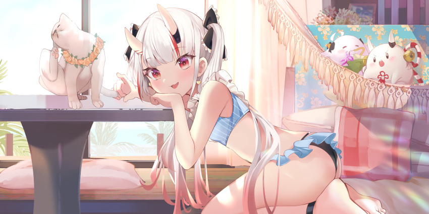 animal ass barefoot bikini cat demon flowers hololive horns kananote long_hair nakiri_ayame red_eyes swimsuit twintails white_hair