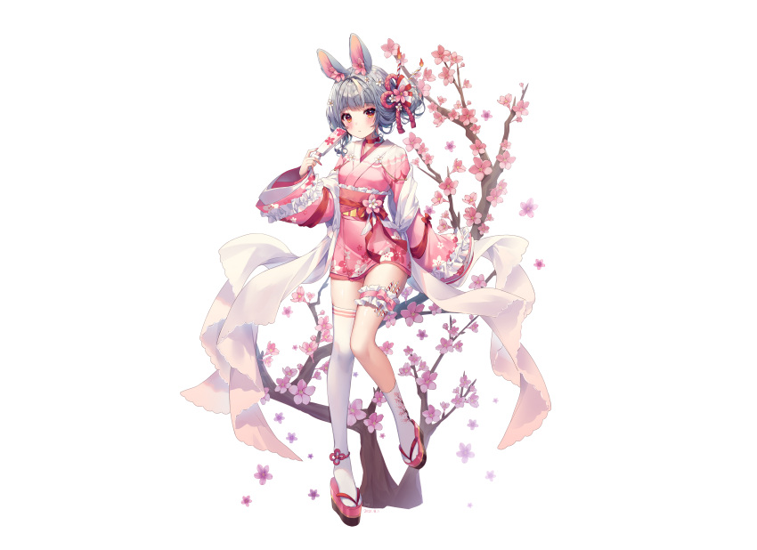 albinoraccoon animal_ears blush bow bunny_ears bunnygirl cherry_blossoms choker fan flowers garter gray_hair headdress japanese_clothes kimono lolita_fashion original red_eyes ribbons signed socks thighhighs white zettai_ryouiki