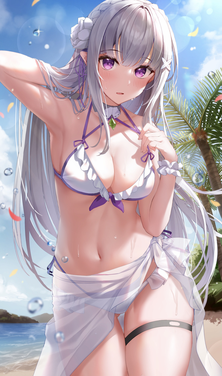 bikini emilia_(re_zero) garter pointy_ears re_zero_kara_hajimeru_isekai_seikatsu see_through shiranui_(nisioisin_sinob) swimsuits