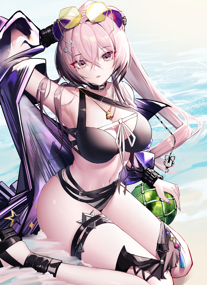 arknights bikini garter heels lin_yuhsia_(arknights) megane open_shirt rib_(rib_delesetong) swimsuits wet