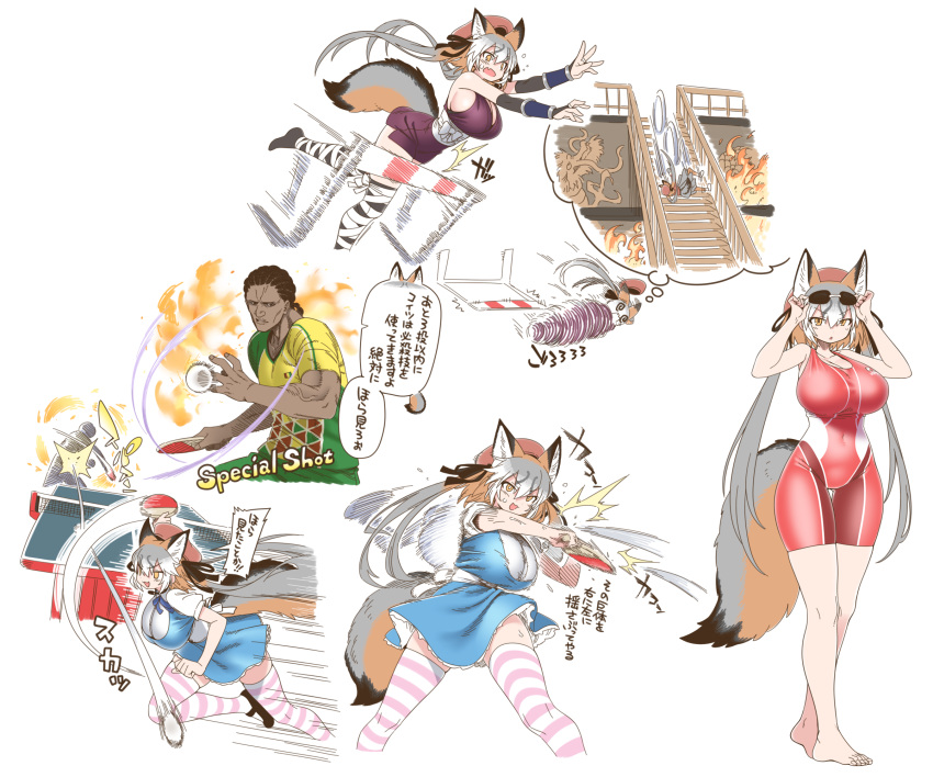1boy 1girl @_@ alternate_costume animal_ears ball bangs breasts commentary_request competition_swimsuit covered_navel dark-skinned_male dark_skin extra_ears fox_ears fox_girl fox_tail goggles goggles_on_head hair_between_eyes highres huge_breasts hurdle island_fox_(kemono_friends) kemono_friends long_hair one-piece_swimsuit paddle simple_background stairs striped striped_legwear swimsuit table_tennis table_tennis_ball table_tennis_paddle tail thighhighs thought_bubble translation_request very_long_hair virtual_youtuber white_background yellow_eyes yoshida_hideyuki