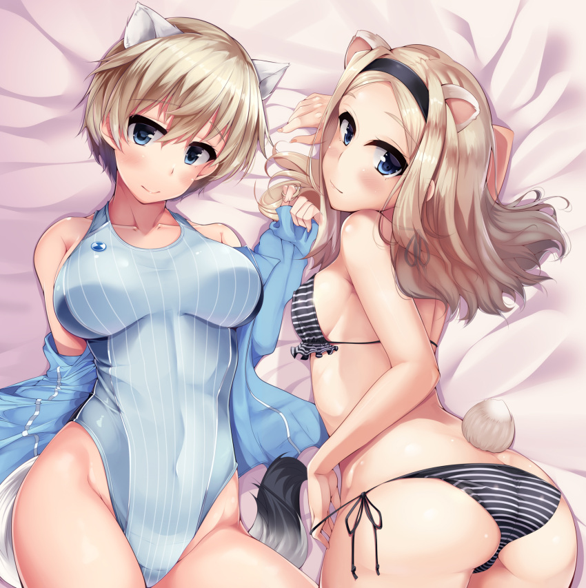 aleksandra_i_pokryshkin animal_ears ass bikini brave_witches nikka_edvardine_katajainen nksk strike_witches swimsuits tail thong undressing