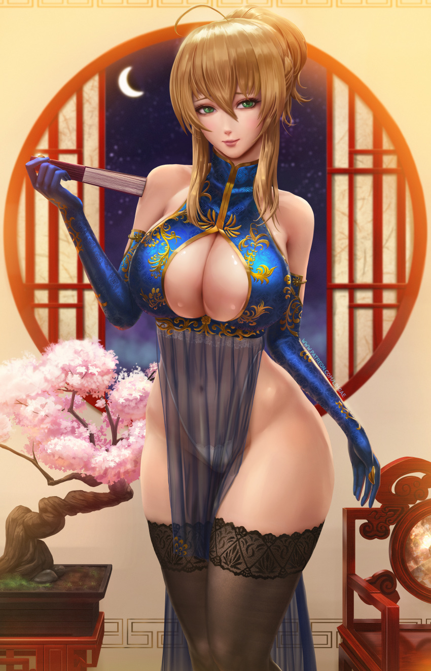 artoria_pendragon_(lancer) asian_clothes cameltoe cleavage fate/grand_order leotard limgae lingerie no_bra see_through thighhighs
