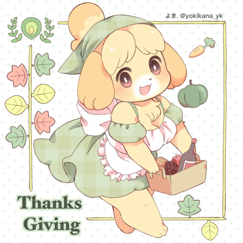 1girl :3 alcohol alternate_costume alternate_eye_color animal_crossing animal_ears animal_feet animal_hands animal_nose apple apron artist_name back_bow bangs bare_shoulders barefoot basket blonde_hair blush body_fur bottle bow breasts bright_pupils carrot cleavage commentary_request corn dog_ears dog_girl dog_tail dress english_text food frilled_apron frills fruit full_body furry furry_female grapes green_dress green_headwear happy head_scarf holding holding_basket isabelle_(animal_crossing) leaf looking_at_viewer medium_breasts multicolored_hair open_mouth polka_dot polka_dot_background puffy_short_sleeves puffy_sleeves pumpkin red_eyes shiny shiny_hair shirokuro_buti short_hair short_sleeves smile solo spaghetti_strap standing tail thanksgiving thick_thighs thighs tied_hair topknot twitter_username two-tone_fur two-tone_hair unmoving_pattern walking watermark white_apron white_fur white_pupils wine wine_bottle yellow_fur