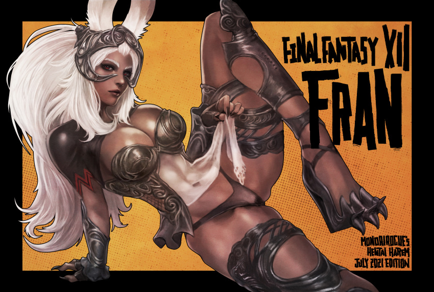 animal_ears armor bikini_armor bunny_ears final_fantasy final_fantasy_xiv fran heels monori_rogue no_bra pantsu skirt_lift viera