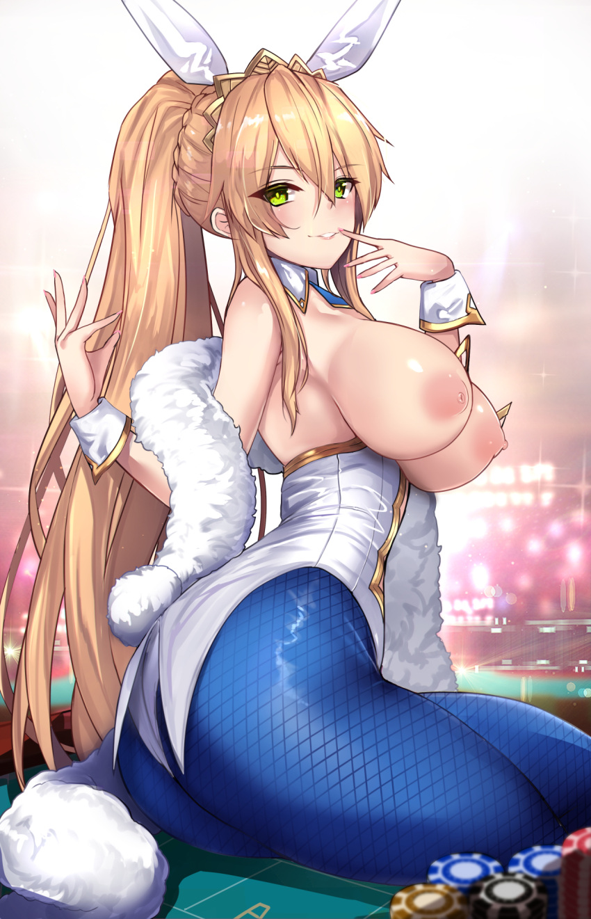 animal_ears artoria_pendragon_(lancer) artoria_pendragon_(swimsuit_ruler)_(fate) ass breasts bunny_ears bunny_girl fate/grand_order fishnets nipples no_bra pantyhose tail untsue