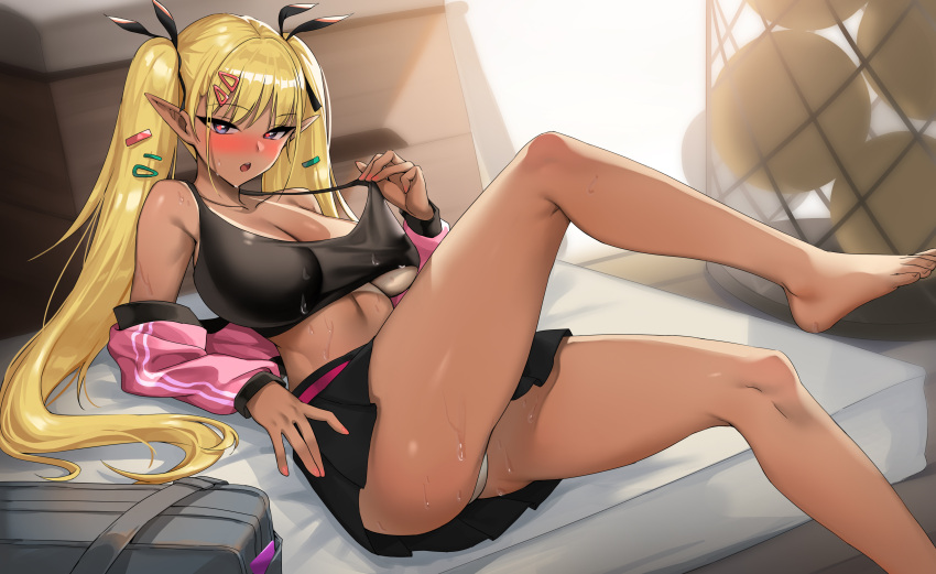 bra open_shirt pantsu picter pointy_ears skirt_lift tagme tan_lines thong undressing