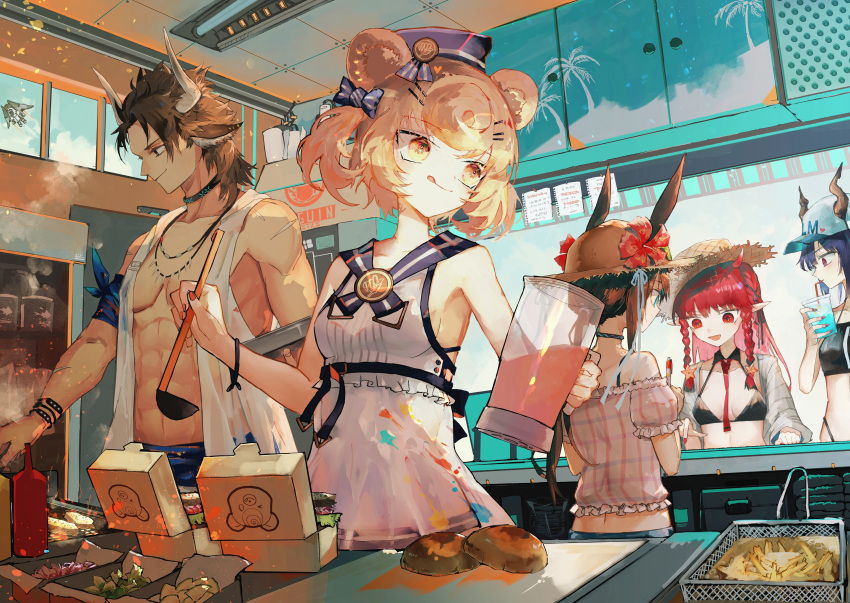 1boy 4girls abs absurdres amiya_(arknights) animal_ears arknights arm_ribbon bare_arms baseball_cap bear_ears bikini black_bikini blender blonde_hair blue_bow blue_eyes blue_hair blue_headwear bow bra_strap bracelet braid breasts brown_eyes brown_hair burger ch'en_(arknights) closed_mouth collarbone commentary_request cooking cow_ears cow_horns dragon_horns dress drink drinking_straw_in_mouth female_tourist_c_(arknights) flower food french_fries gummy_(arknights) gummy_(summer_flowers)_(arknights) hair_bow hair_ornament hat hat_flower highres holding holding_drink holding_jug holding_ladle holding_pencil horns indoors infection_monitor_(arknights) jewelry kensei_(v2) kitchen ladle licking_lips matterhorn_(arknights) matterhorn_(beach_guard)_(arknights) medium_breasts multiple_girls muscular muscular_male nail_polish necklace off-shoulder_shirt off_shoulder official_alternate_costume open_clothes open_shirt paint_splatter pencil penguin_logistics_logo pink_shirt pointy_ears rabbit_ears red_eyes red_flower red_hair red_nails ribbon scar_on_arm shirt short_hair sleeveless sleeveless_dress sleeveless_shirt small_breasts smile star_(symbol) star_hair_ornament straw_hat sun_hat swimsuit tongue tongue_out twin_braids vending_cart vigna_(arknights) vigna_(casual_vacation)_(arknights) white_dress white_headwear white_shirt window