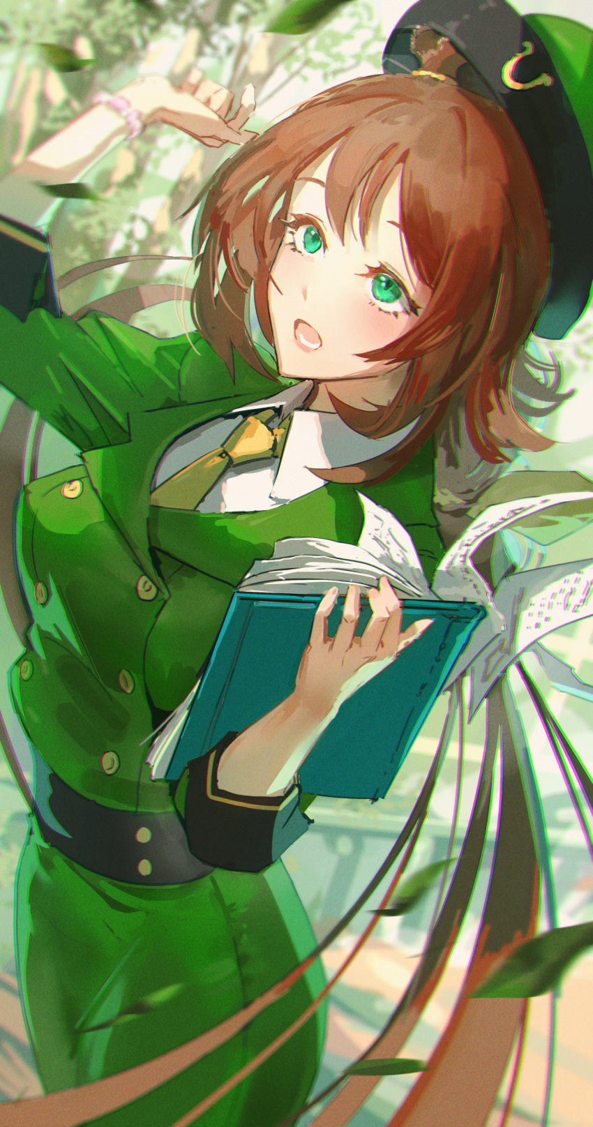 1girl absurdres animal_ears blurry blurry_background brown_hair buttons clipboard commentary_request depth_of_field double-breasted ear_ornament green_eyes green_headwear green_jacket hayakawa_tazuna highres holding horse_ears horse_girl horseshoe_ornament jacket kaburagi_yasutaka long_hair paper partial_commentary solo umamusume watch wind wristwatch