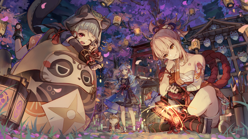 3girls animal_ears animal_hood arm_tattoo armor armored_dress bandaged_arm bandaged_leg bandages breastplate chest_tattoo choker csyday fake_animal_ears fake_tail fingerless_gloves flower_tattoo genshin_impact gloves hand_fan highres holding holding_fan hood japanese_armor japanese_clothes kamisato_ayaka kimono leaf leaf_on_head light_blue_hair muji-muji_daruma_(genshin_impact) multiple_girls orange_kimono ponytail raccoon_ears raccoon_hood raccoon_tail red_choker sarashi sayu_(genshin_impact) sidelocks single_fingerless_glove tail tanuki tattoo yoimiya_(genshin_impact)