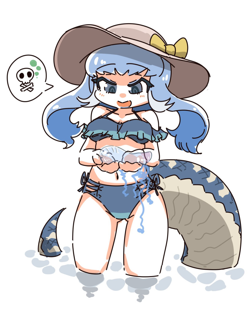 1girl alternate_costume asihire bare_legs bare_shoulders bikini blue_bikini blue_eyes blue_hair blush eyebrows_visible_through_hair hat highres jellyfish kemono_friends komodo_dragon_(kemono_friends) lizard_girl lizard_tail long_hair looking_down midriff multicolored_hair navel skull_and_crossbones sleeveless smile solo spoken_skull sun_hat swimsuit tail two-tone_hair wading