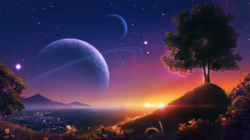 backlighting city_lights diffraction_spikes grass highres hill horizon making-of_available monorisu mountain night night_sky no_humans original outdoors planet planetary_ring plant scenery sky speedpaint star_(sky) starry_sky sunset tree