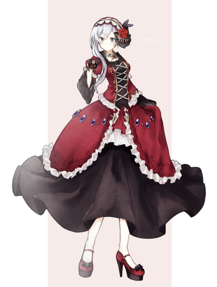 1225ka 1girl bangs black_gloves blue_eyes dress full_body gloves hair_between_eyes headdress high_heels highres long_hair long_sleeves looking_at_viewer pink_background red_dress red_footwear sinoalice snow_white_(sinoalice) solo white_background white_hair