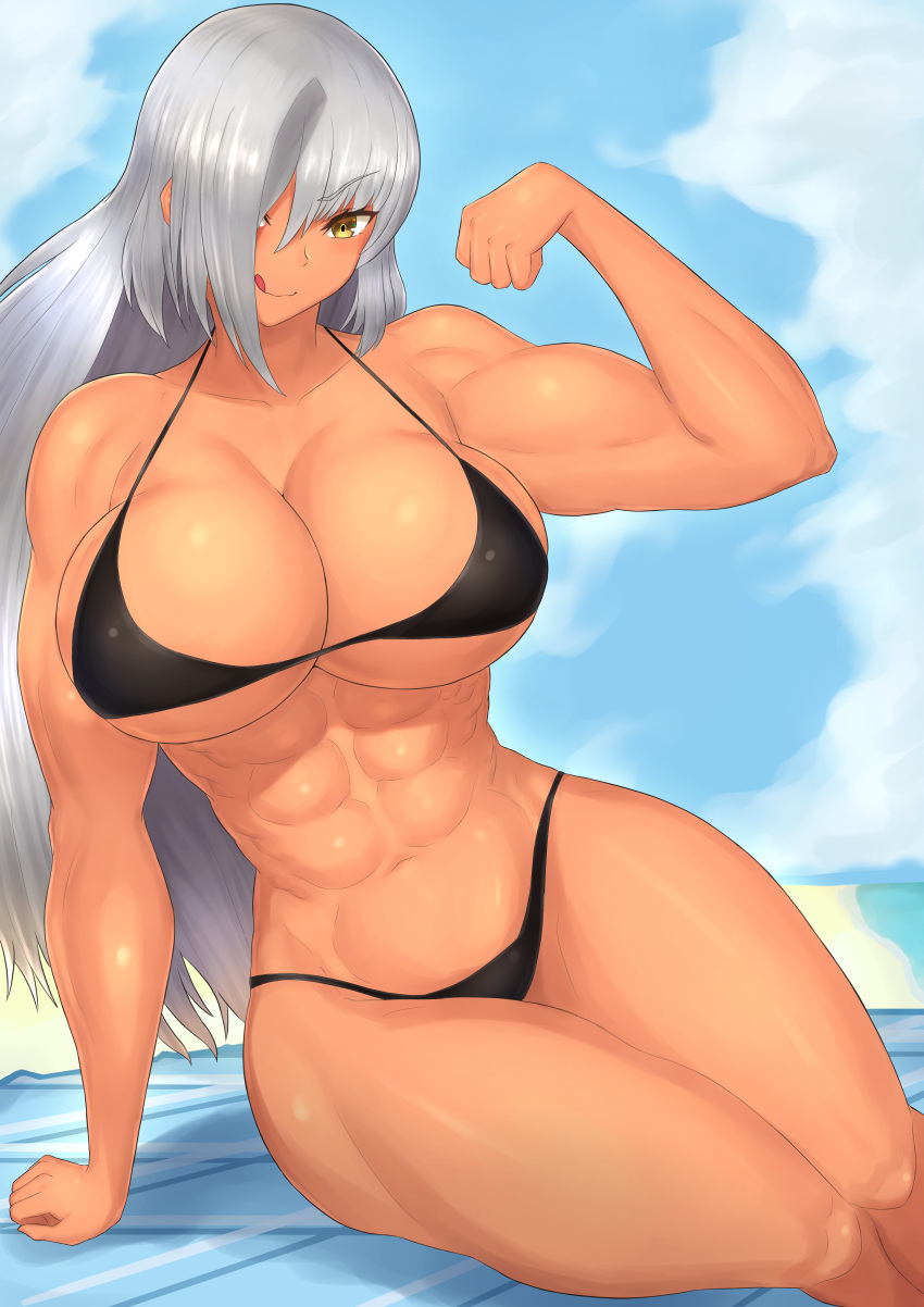 1girl abs absurdres arm_support beach beach_towel bikini black_bikini blue_sky breasts cleavage grey_hair highres kiteno_kiten large_breasts long_hair mountainous_horizon muscular muscular_female ocean original sky smile swimsuit tan tongue tongue_out towel yellow_eyes