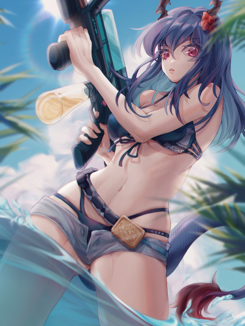 1girl arknights ass_visible_through_thighs bare_arms bare_shoulders bikini black_bikini blue_hair blue_sky breasts ch'en_(arknights) ch'en_the_holungday_(arknights) chimoshi_(kusa) cloud cowboy_shot day dragon_girl dragon_horns dragon_tail flower grey_shorts hair_flower hair_ornament highres holding holding_water_gun horns large_breasts long_hair looking_at_viewer micro_shorts navel open_fly outdoors parted_lips red_eyes red_flower shorts sky solo standing stomach swimsuit tail thighs wading water water_gun