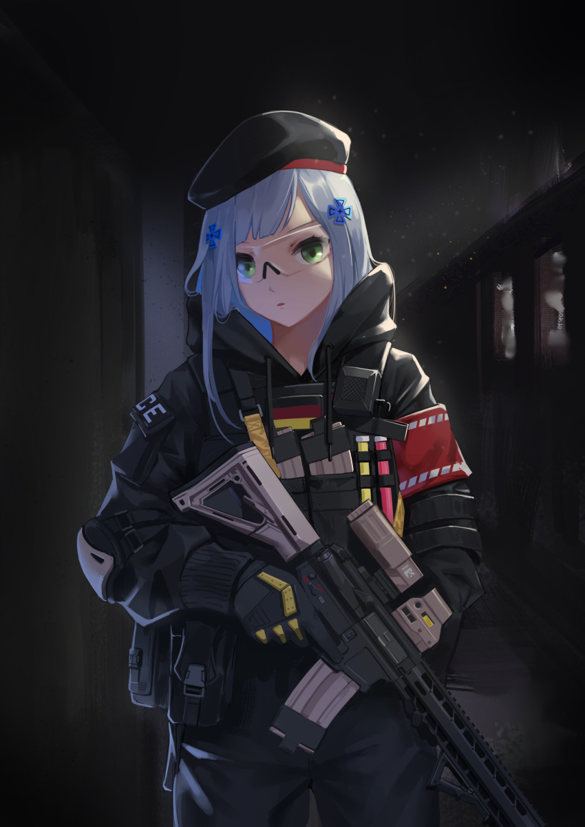 1girl :o absurdres ammunition_pouch assault_rifle bangs beret black_gloves black_headwear black_jacket german_flag girls'_frontline glasses gloves green_eyes gun h&amp;k_hk416 hair_between_eyes hair_ornament hat highres hk416_(girls'_frontline) holding holding_gun holding_weapon indoors jacket long_hair long_sleeves looking_at_viewer open_mouth pouch rifle shiba_inuza solo weapon white_hair