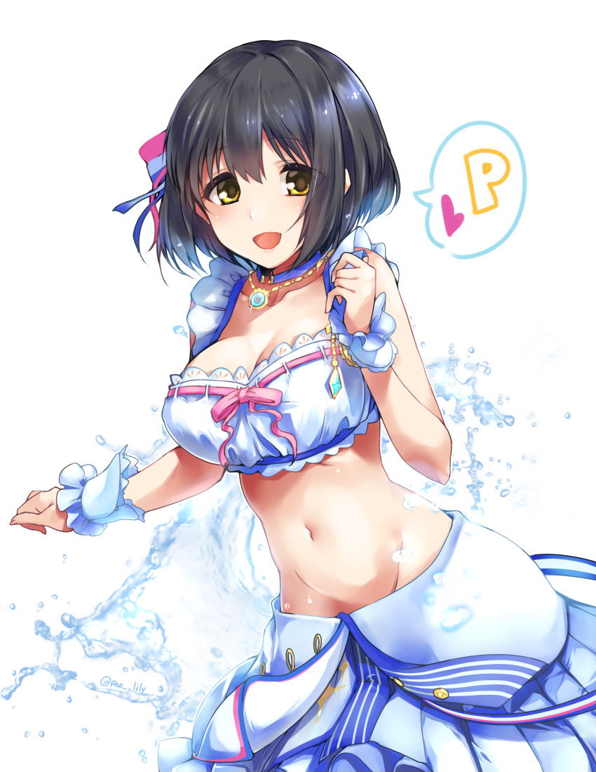 1girl black_hair breasts commentary_request groin hair_ribbon highres idolmaster idolmaster_cinderella_girls jewelry large_breasts looking_at_viewer midriff navel necklace open_mouth paopao ribbon sleeveless solo stomach takafuji_kako water white_background wrist_cuffs yellow_eyes