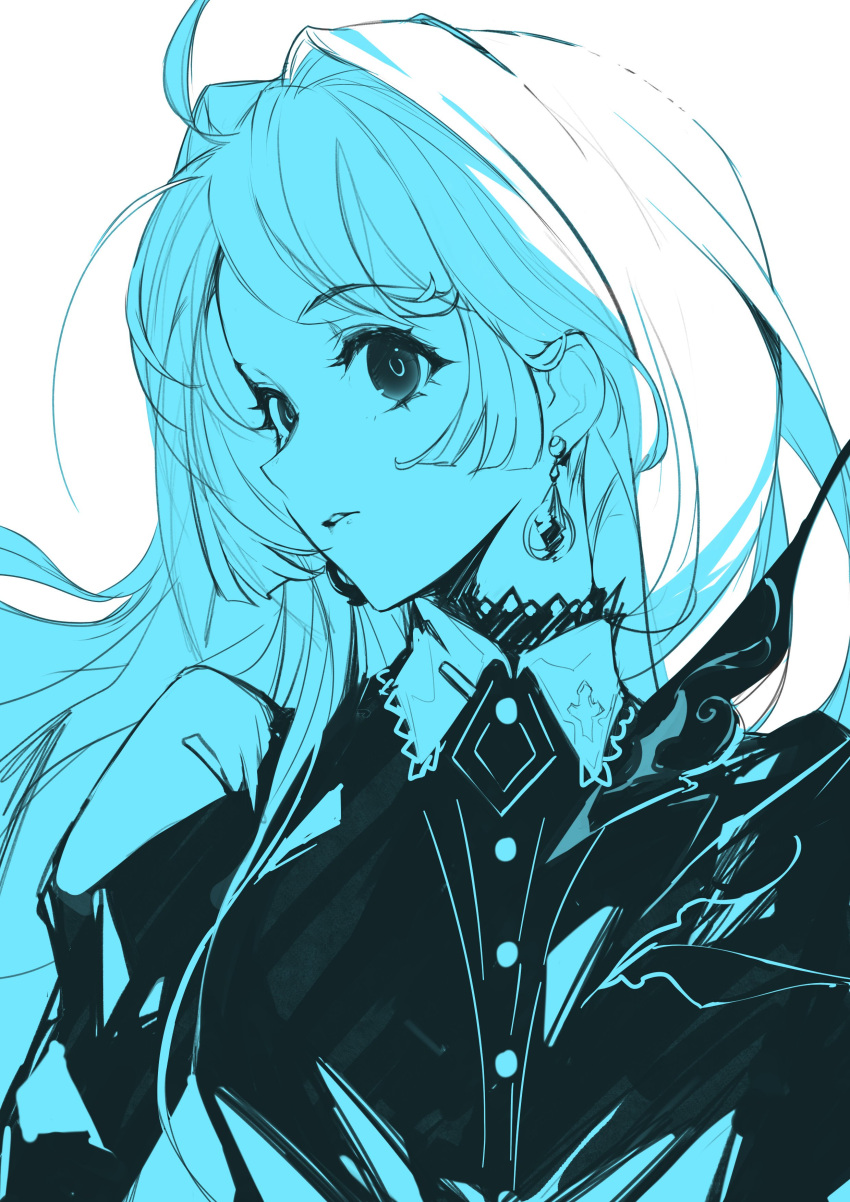 1girl absurdres ahoge azur_lane bangs black_shirt blue_hair buttons closed_mouth collared_shirt earrings eyebrows_visible_through_hair helena_(azur_lane) highres jewelry long_hair long_sleeves monochrome realmbw shirt sidelocks simple_background sketch solo spot_color upper_body white_background