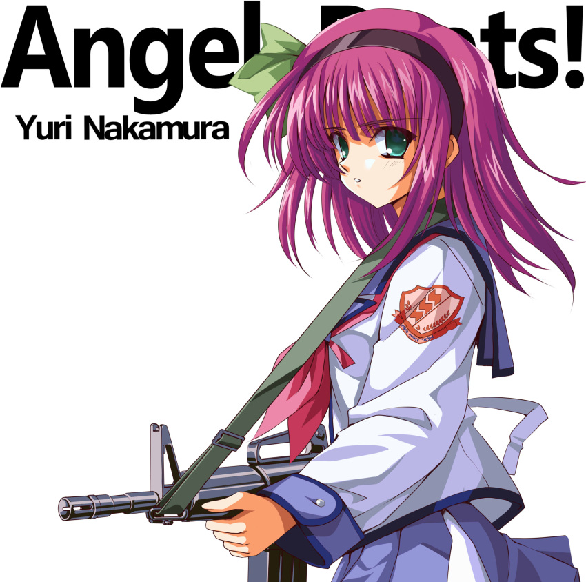 1girl absurdres angel_beats! badge blue_sailor_collar blue_skirt bow commentary_request copyright_name cowboy_shot green_eyes gun hair_bow hairband highres long_sleeves longmei_er_de_tuzi looking_at_viewer medium_hair pleated_skirt purple_hair rifle sailor_collar school_uniform serafuku shinda_sekai_sensen_uniform skirt solo weapon white_background yuri_(angel_beats!)