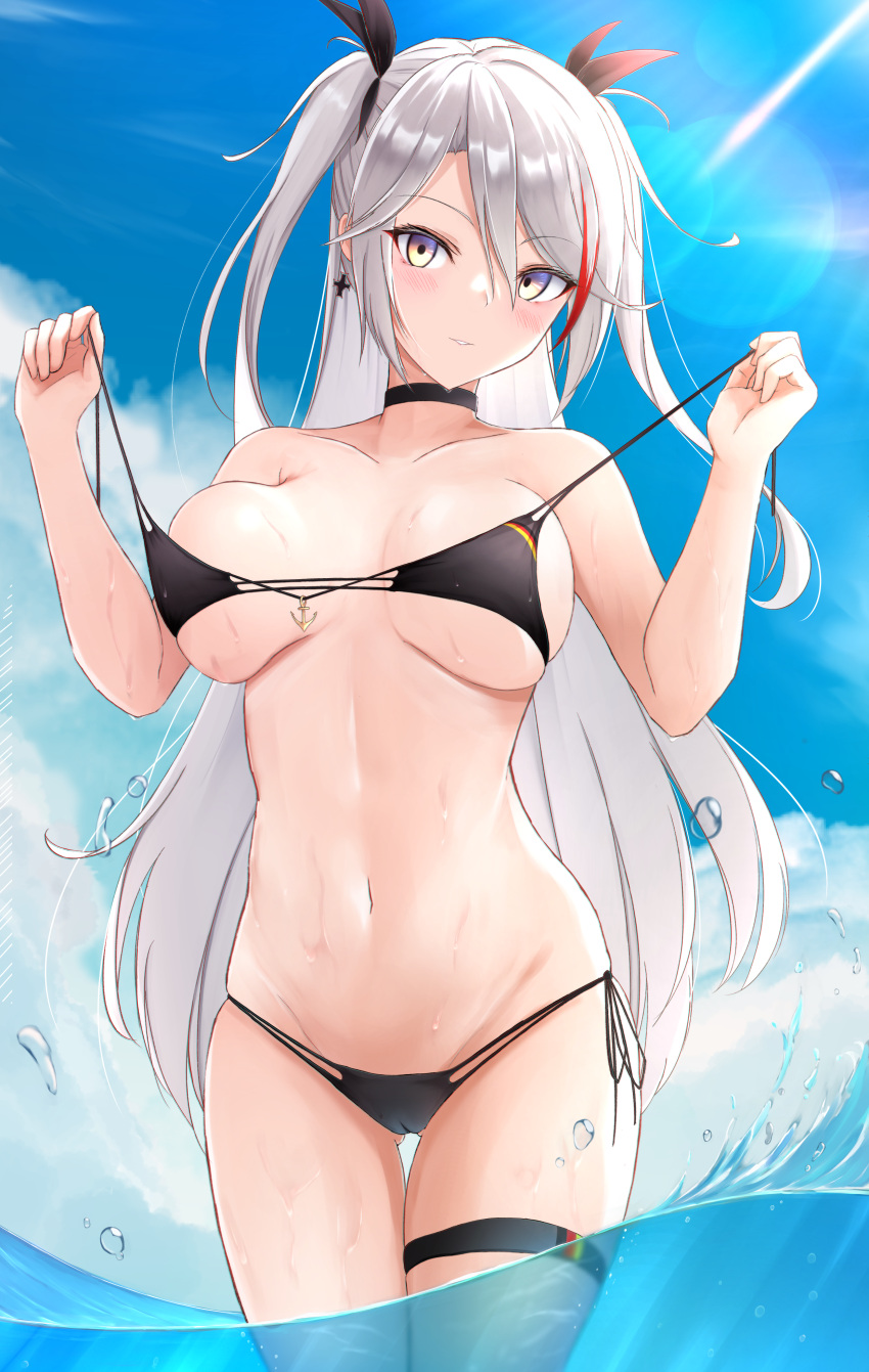 1girl absurdres azur_lane bare_shoulders bikini black_bikini black_choker black_ribbon blue_sky blush breasts breasts_apart cameltoe choker closed_mouth collarbone cross cross_earrings day earrings eyebrows_visible_through_hair flag_print german_flag hair_ribbon highres iron_cross jewelry large_breasts lens_flare light_rays long_hair looking_at_viewer multicolored_hair nankaichimu official_alternate_costume outdoors parted_lips prinz_eugen_(azur_lane) prinz_eugen_(unfading_smile)_(azur_lane) red_hair ribbon silver_hair sky solo stomach streaked_hair sunbeam sunlight swimsuit thigh_gap thigh_strap two-tone_hair two_side_up underboob untied untied_bikini very_long_hair water yellow_eyes