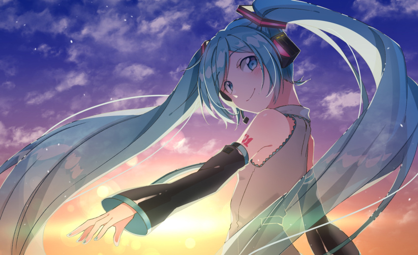 1girl agonasubi aqua_eyes aqua_hair aqua_nails aqua_neckwear backlighting bare_shoulders black_sleeves commentary detached_sleeves floating_hair from_behind grey_shirt hair_ornament hatsune_miku headphones headset light_particles long_hair looking_at_viewer looking_back nail_polish necktie outdoors see-through set shirt shoulder_tattoo sky sleeveless sleeveless_shirt smile solo sunset tattoo twintails upper_body very_long_hair vocaloid