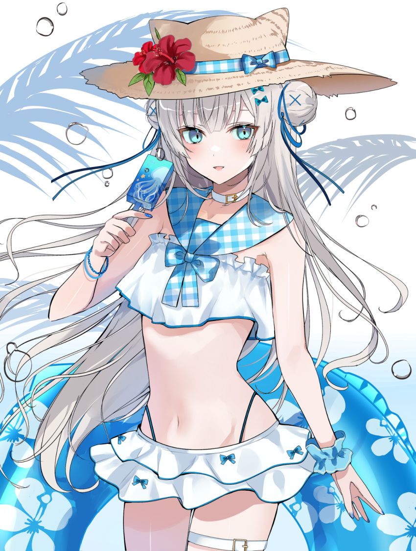 1girl animal_ear_headwear bangs bare_arms bikini blue_background blue_bow blue_eyes blue_nails blue_neckwear blue_sailor_collar bow bowtie bracelet chiemo_(xcem) choker commentary cowboy_shot double_bun flower food gradient gradient_background grey_hair groin hair_bow hat hat_flower highleg highleg_bikini highres holding holding_food jewelry light_smile long_hair looking_at_viewer nail_polish navel original palm_leaf parted_lips plaid_neckwear popsicle red_flower sailor_collar scrunchie solo stomach strapless strapless_swimsuit straw_hat sun_hat swimsuit thigh_strap white_background white_choker white_swimsuit wrist_scrunchie