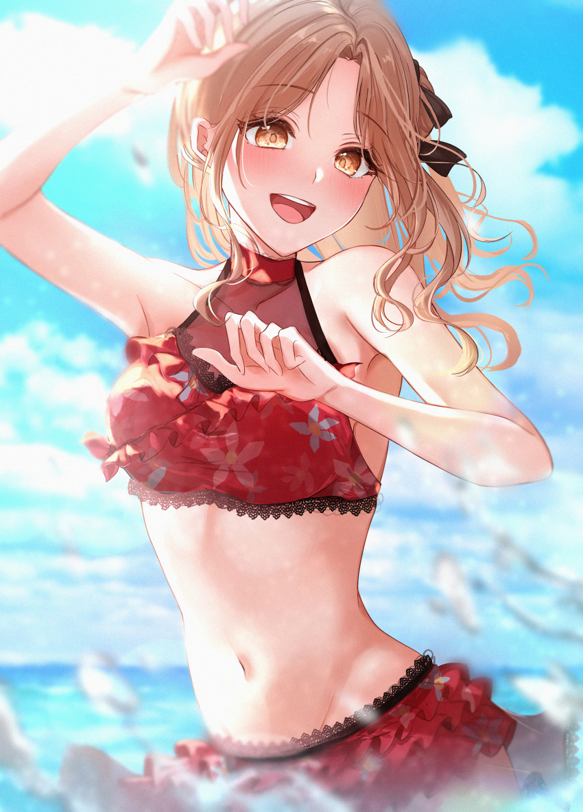 1girl :d absurdres amyu_(amm_asl_pa) arm_up asymmetrical_hair bangs bikini black_ribbon blue_sky blurry blurry_foreground blush breasts brown_eyes brown_hair cloud cloudy_sky collarbone commentary cowboy_shot day eyebrows_visible_through_hair frilled_bikini frills groin hair_bun hair_ribbon highres huge_filesize ichikawa_hinana idolmaster idolmaster_shiny_colors lace-trimmed_bikini lace_trim medium_breasts medium_hair navel ocean open_mouth outdoors parted_bangs red_bikini ribbon see-through side_ponytail sky smile solo splashing stomach swimsuit wading water_drop