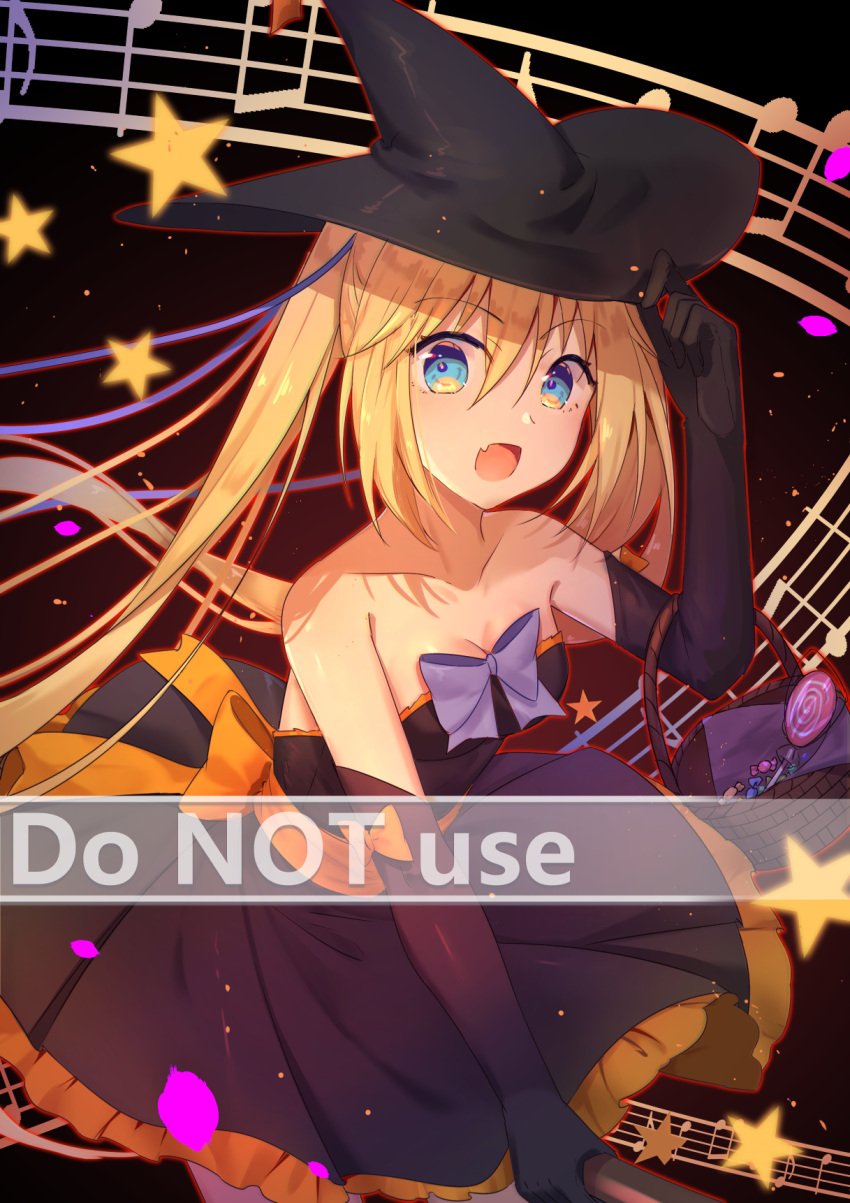 1girl :d arm_up bangs basket beamed_eighth_notes black_dress black_gloves black_headwear blonde_hair blue_bow blue_eyes blush bow breasts broom broom_riding candy cleavage commentary_request dress elbow_gloves english_text eyebrows_visible_through_hair fang food frilled_dress frills gloves hair_between_eyes hand_on_headwear hat highres lollipop long_hair looking_at_viewer medium_breasts mo_(pixiv9929995) musical_note open_mouth original quarter_note smile solo strapless strapless_dress swirl_lollipop twintails very_long_hair watermark witch witch_hat