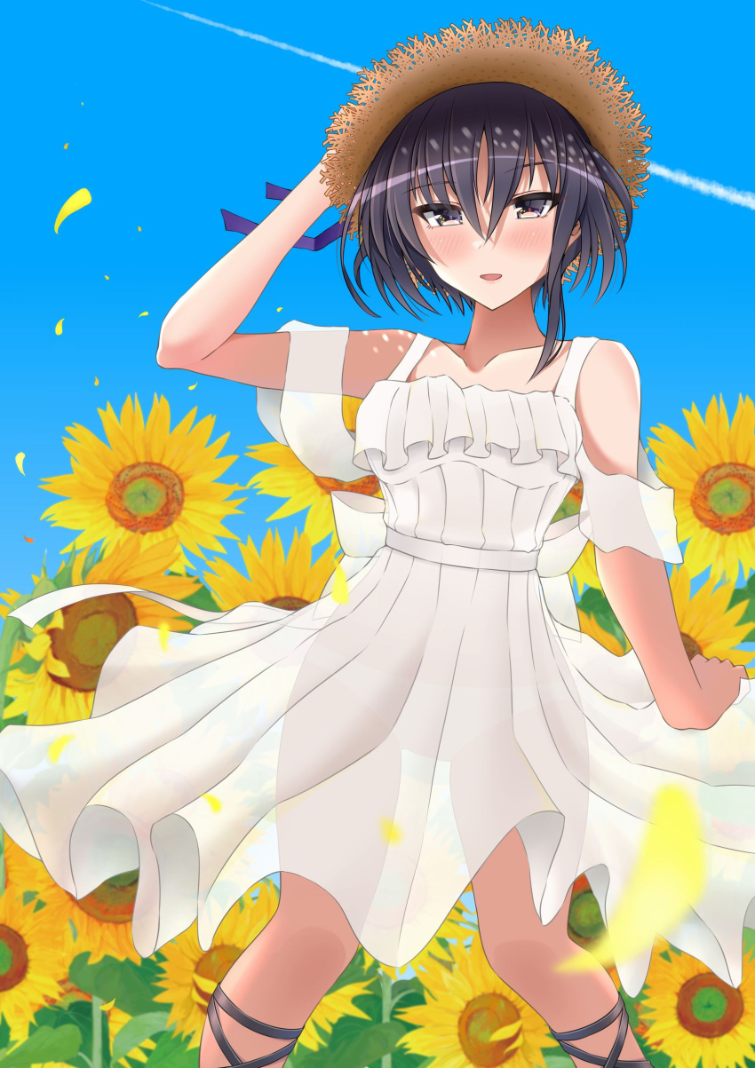 1girl absurdres alternate_costume asymmetrical_hair black_hair blue_sky breasts brown_eyes cloud collarbone commentary cowboy_shot day dress eyebrows_visible_through_hair flower hair_between_eyes hand_on_headwear hat highres i-13_(kancolle) kantai_collection open_mouth otobi outdoors panties see-through short_hair sky small_breasts smile solo straw_hat sun_hat sundress sunflower underwear white_dress white_panties