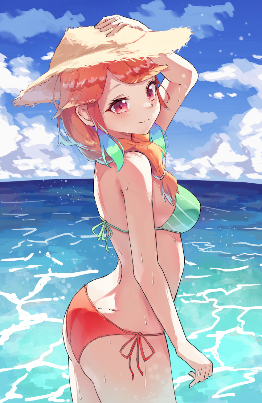 1girl absurdres arm_up ass beach bikini braid breasts closed_mouth earrings feather_earrings feathers from_side halterneck hand_on_headwear hat highres hololive hololive_english jewelry looking_at_viewer medium_breasts mismatched_bikini ocean official_alternate_costume orange_hair purple_eyes shironekokfp side-tie_bikini solo straw_hat string_bikini sun_hat swimsuit takanashi_kiara twin_braids virtual_youtuber water wet
