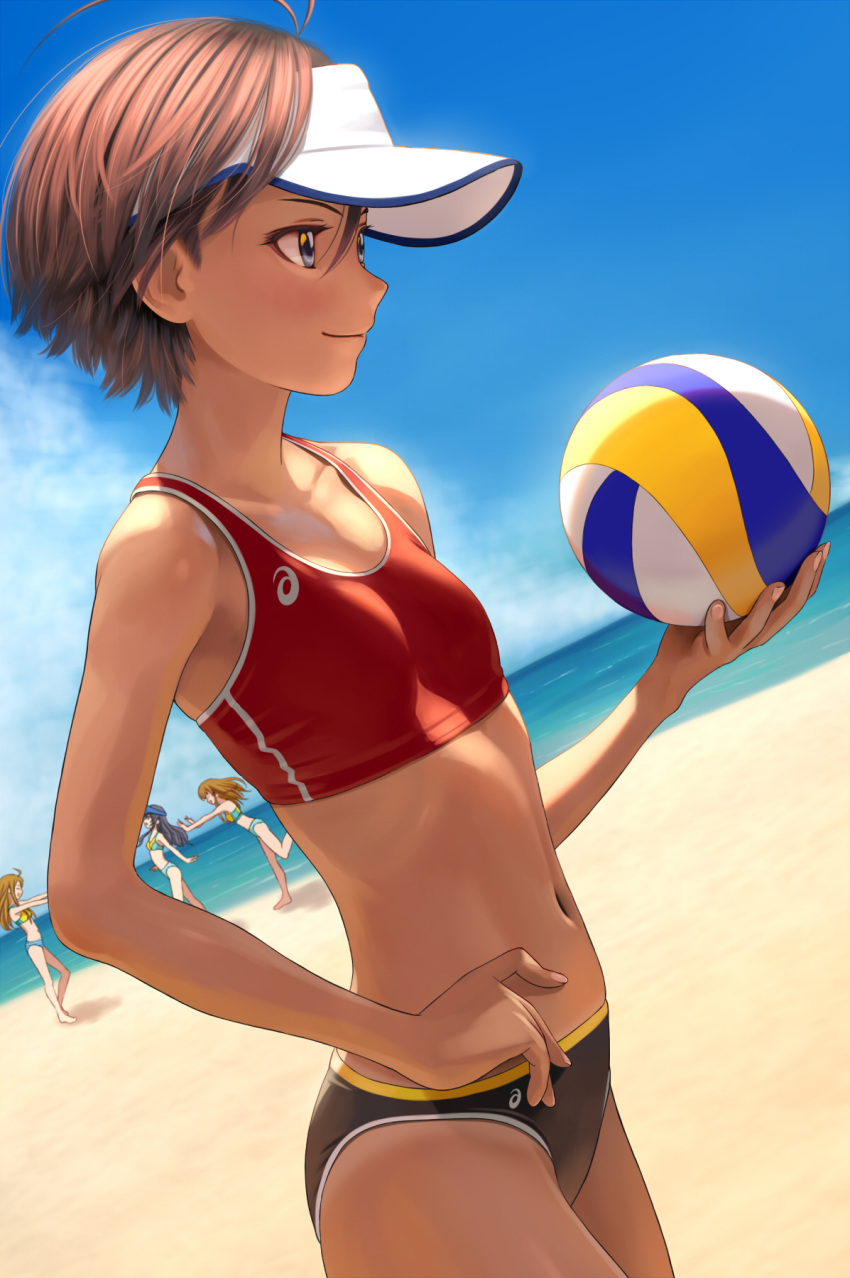 4girls antenna_hair asics beach beach_volleyball black_hair blue_eyes breasts brown_hair highres idolmaster idolmaster_(classic) idolmaster_million_live! kikuchi_makoto kousaka_umi long_hair multiple_girls navel nekopuchi ocean short_hair small_breasts sports_bikini takayama_sayoko tan tanlines tokoro_megumi visor_cap