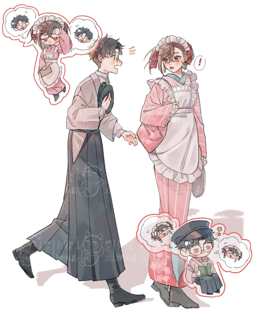 ! 1boy 1girl alternate_costume apron ayase_momo black_footwear black_hair black_hat brown_eyes brown_hair chibi dandadan earrings frilled_apron frilled_kimono frills glasses grey_footwear grey_hakama hakama hat highres holding holding_hat holding_unworn_clothes japanese_clothes jewelry kimono maid maid_apron maid_headdress n_nagi3 open_mouth pink_kimono takakura_ken_(dandadan) wa_maid white_apron