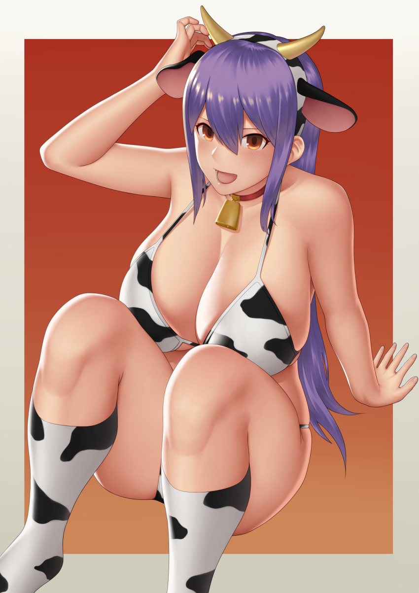 1girl absurdres animal_ears animal_print arm_support bangs bell bikini border breasts choker cow_ears cow_horns cow_print cowbell fake_animal_ears fake_horns gonoike_biwa hair_between_eyes hand_up highres horns kneehighs knees_up large_breasts long_hair open_mouth orange_eyes original purple_hair sitting solo straight_hair strap_gap swimsuit white_border