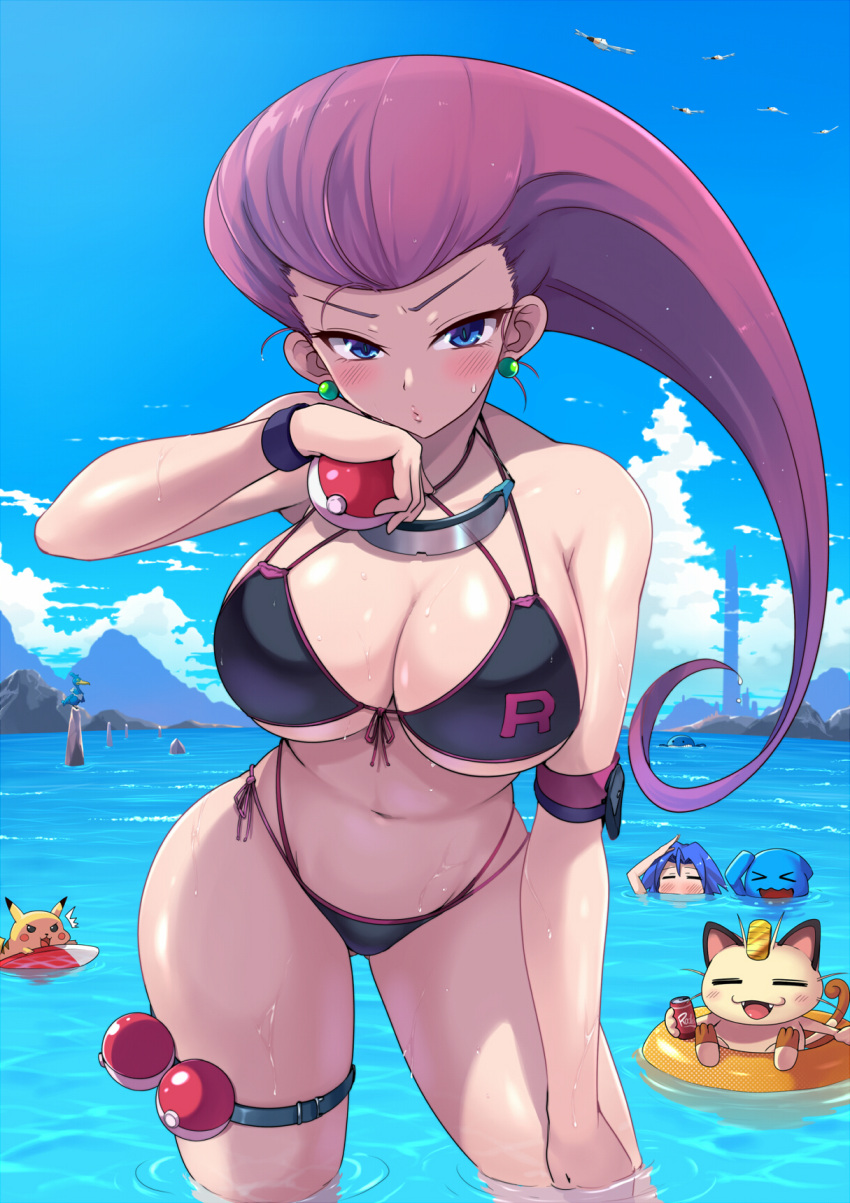 1boy 1girl bikini black_bikini blue_eyes blue_sky blush breasts close-up cloud commentary cramorant day earrings gen_1_pokemon gen_2_pokemon gen_3_pokemon gen_8_pokemon highres holding holding_poke_ball james_(pokemon) jessie_(pokemon) jewelry kasai_shin long_hair looking_at_viewer meowth navel ocean outdoors pikachu poke_ball poke_ball_(basic) pokemon pokemon_(anime) red_hair sky summer swimsuit team_rocket wailmer water wet wingull wobbuffet