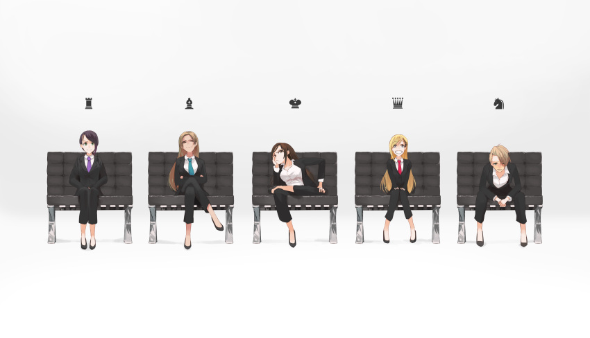 5girls asymmetrical_bangs bangs bishop_(chess) black_footwear black_pants board_game chair chess chess_piece closed_mouth crossed_legs doyagao enjin_(idolmaster) formal frown fujimoto_rina grey_background grin highres idolmaster idolmaster_cinderella_girls kimura_natsuki king_(chess) knees_together_feet_apart knight_(chess) long_hair looking_at_viewer matsunaga_ryou mukai_takumi multiple_girls necktie open_collar pants queen_(chess) rook_(chess) sawarakajin simple_background sitting smile smug suit yamato_aki