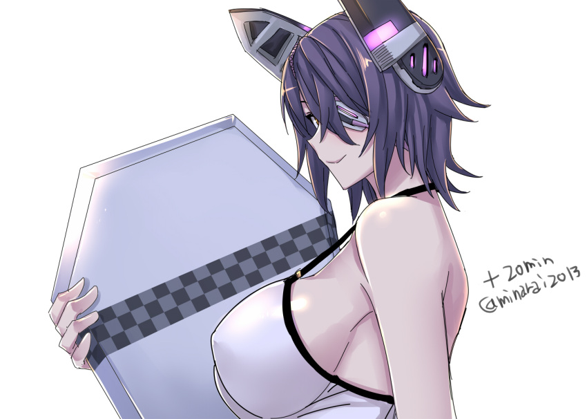 1girl bodyboard breasts eyepatch headgear kantai_collection large_breasts looking_at_viewer minarai one-hour_drawing_challenge purple_hair short_hair sideboob simple_background smile solo swimsuit tenryuu_(kancolle) twitter_username white_background yellow_eyes