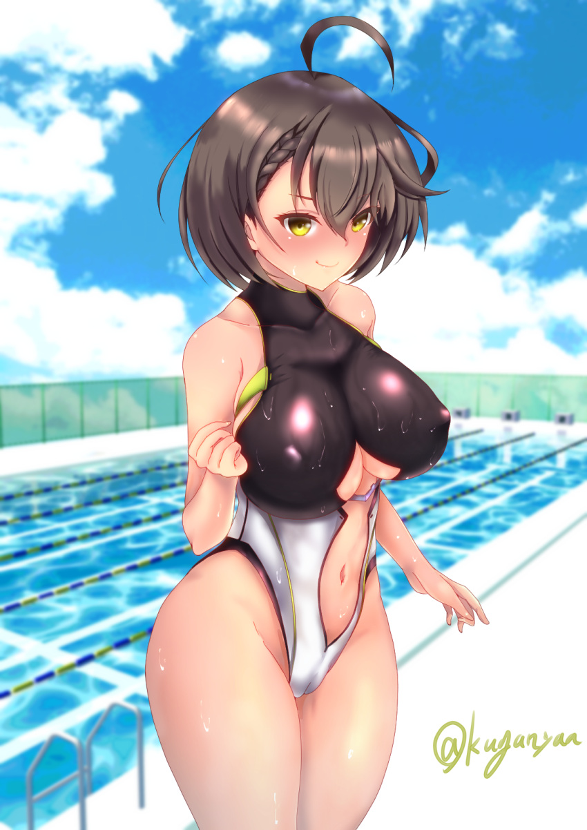 1girl adapted_costume ahoge azur_lane baltimore_(azur_lane) bangs bare_shoulders black_swimsuit blue_sky blurry blurry_background blush braid breasts brown_hair center_opening chain-link_fence closed_mouth clothing_cutout cloud collarbone commentary_request covered_collarbone covered_nipples cowboy_shot day eyebrows_visible_through_hair fence french_braid groin hair_between_eyes hand_up highres kuga_zankurou large_breasts looking_at_viewer navel outdoors partial_commentary pool poolside short_hair sidelocks sky smile solo standing stomach_cutout swimsuit twitter_username two-tone_swimsuit underboob underboob_cutout water wet wet_clothes wet_swimsuit white_swimsuit wide_hips yellow_eyes