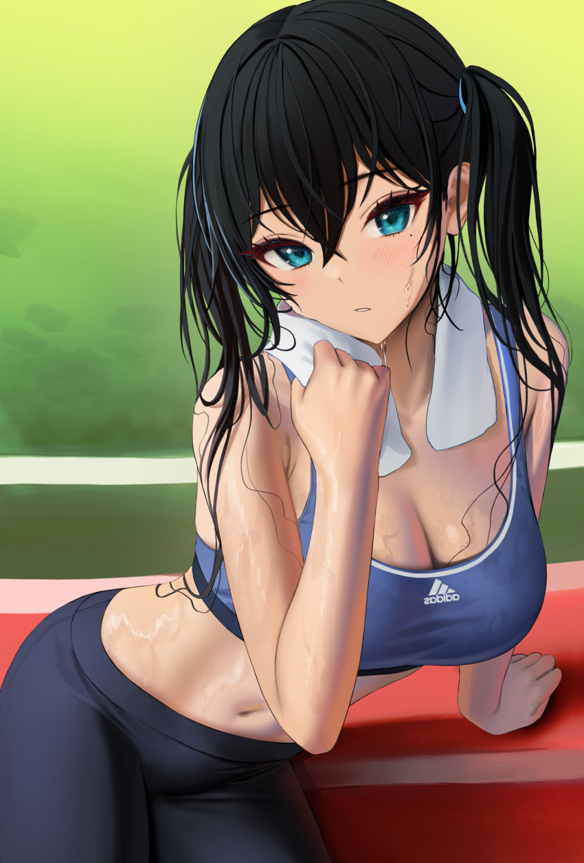 1girl adidas aqua_eyes arm_at_side arm_support bare_arms bare_shoulders black_hair black_pants black_sports_bra bra breasts cleavage crop_top day eyelashes highres large_breasts long_hair looking_at_viewer midriff mole mole_under_eye navel original outdoors pants parted_lips shiny shiny_skin sidelocks sitting sleeveless solo sports_bra sportswear standing stomach sweat tokkihouse toned towel towel_around_neck track_and_field twintails underwear yoga_pants yokozuwari
