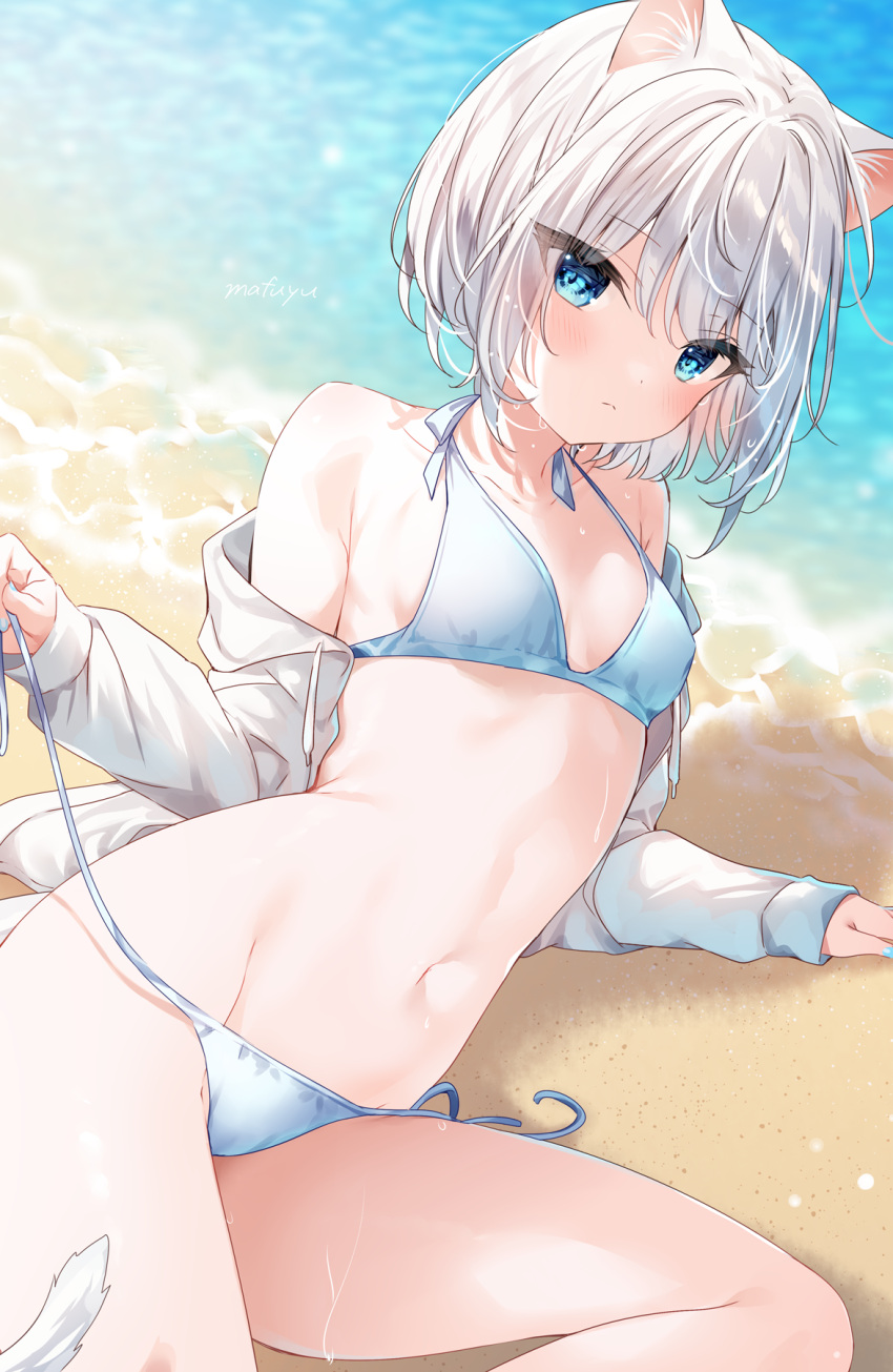1girl :&lt; animal_ear_fluff animal_ears arm_support bangs bare_shoulders bikini blue_bikini blue_eyes blush breasts cat_ears cat_girl cat_tail closed_mouth collarbone commentary_request day eyebrows_visible_through_hair grey_jacket halterneck highres jacket long_sleeves lying mafuyu_(chibi21) navel off_shoulder on_ground on_side open_clothes open_jacket original outdoors sand short_hair side-tie_bikini silver_hair small_breasts solo stomach string_bikini swimsuit tail untied untied_bikini water