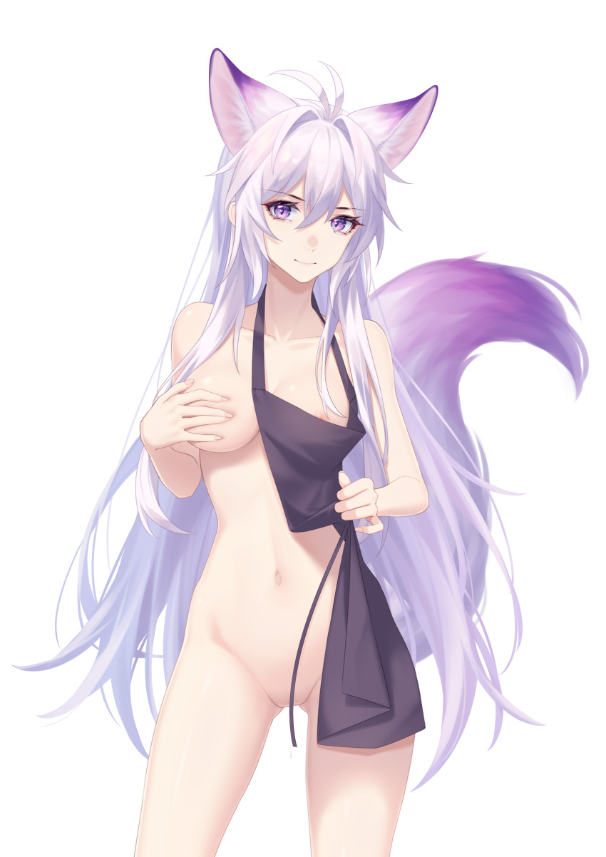 1girl absurdres animal_ear_fluff animal_ears antenna_hair apron bangs bare_shoulders breasts closed_mouth collarbone convenient_censoring extra_ears eyebrows_visible_through_hair fox_ears fox_girl fox_tail grey_hair groin hair_between_eyes highres kirby_d_a long_hair looking_at_viewer md5_mismatch naked_apron navel original purple_eyes silver_hair simple_background smile solo tail very_long_hair white_hair