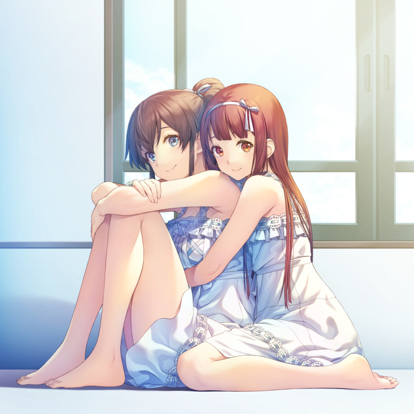 2girls bare_arms bare_legs bare_shoulders barefoot blue_eyes brown_eyes brown_hair dress feet full_body highres hug hug_from_behind idolmaster idolmaster_million_live! idolmaster_million_live!_theater_days legs long_hair looking_at_viewer multiple_girls nanaran ponytail ribbon satake_minako tanaka_kotoha white_dress yuri