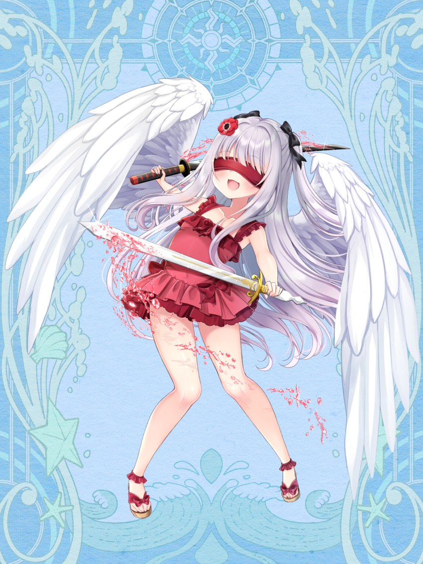 1girl bare_arms bare_shoulders black_bow blindfold blue_background blush bow brown_footwear casual_one-piece_swimsuit dairoku_youhei feathered_wings frilled_swimsuit frills full_body grey_hair hair_bow highres holding holding_sword holding_weapon katana mirai_(happy-floral) official_art one-piece_swimsuit red_swimsuit sandals solo swimsuit sword two_side_up weapon white_wings wings