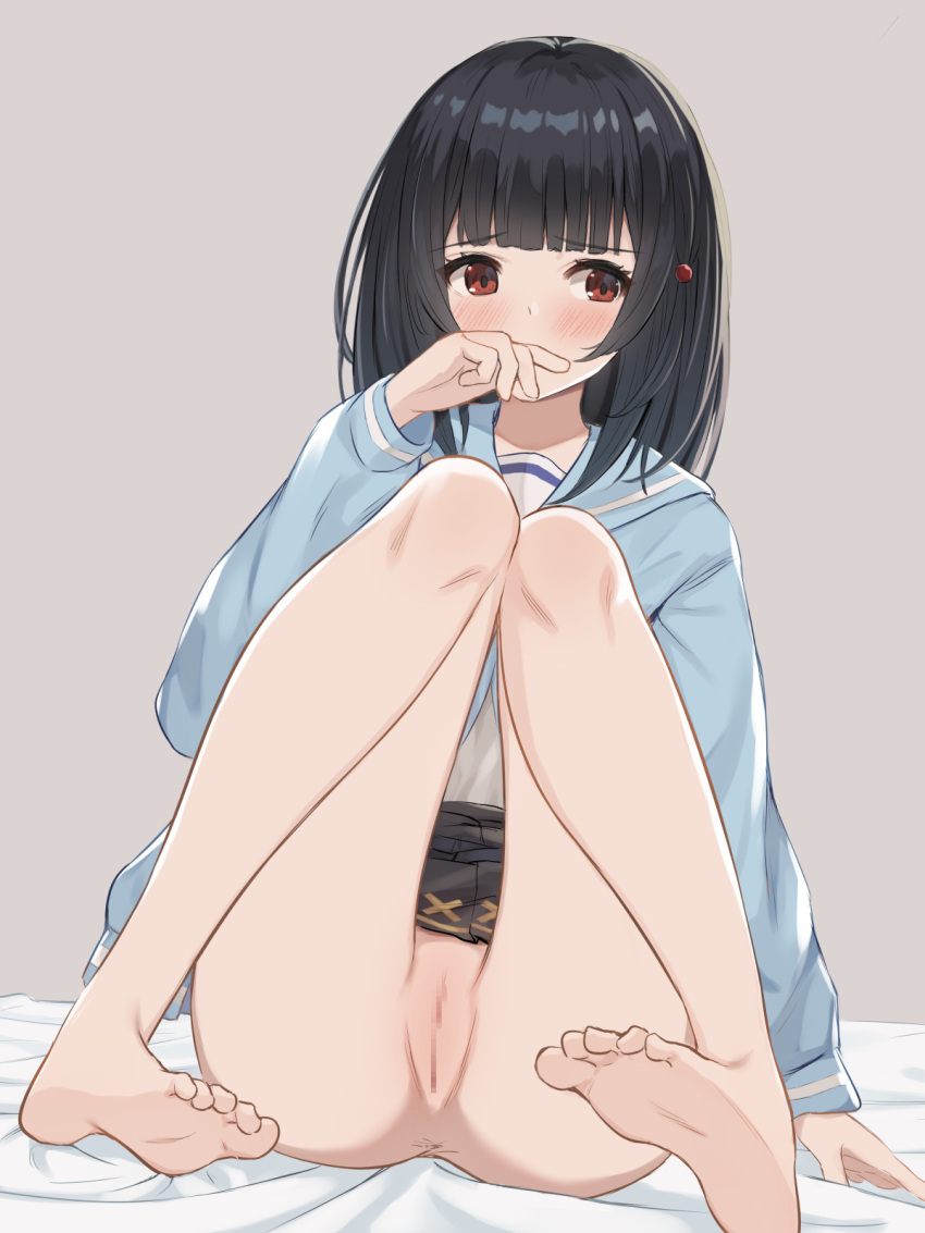 1girl barefoot black_hair black_skirt blur_censor bottomless cameltoe censored cleft_of_venus covering_mouth eyebrows_visible_through_hair feet granblue_fantasy grey_background highres kurowan mosaic_censoring no_panties on_bed pussy red_eyes school_uniform sitting skirt soles solo vikala_(granblue_fantasy)