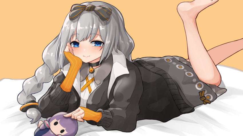 1girl bangs barefoot bed_sheet black_bow black_jacket blue_eyes blush bow braid breasts brown_background character_doll closed_mouth collared_shirt commentary_request dress eyebrows_visible_through_hair feet_out_of_frame grey_dress grey_hair hair_bow highres jacket kizuna_akari legs_up long_hair long_sleeves looking_at_viewer lying medium_breasts on_stomach open_clothes open_jacket puffy_long_sleeves puffy_sleeves shirt signature single_braid smile solo striped striped_bow very_long_hair vocaloid voiceroid white_shirt yusake_san yuzuki_yukari