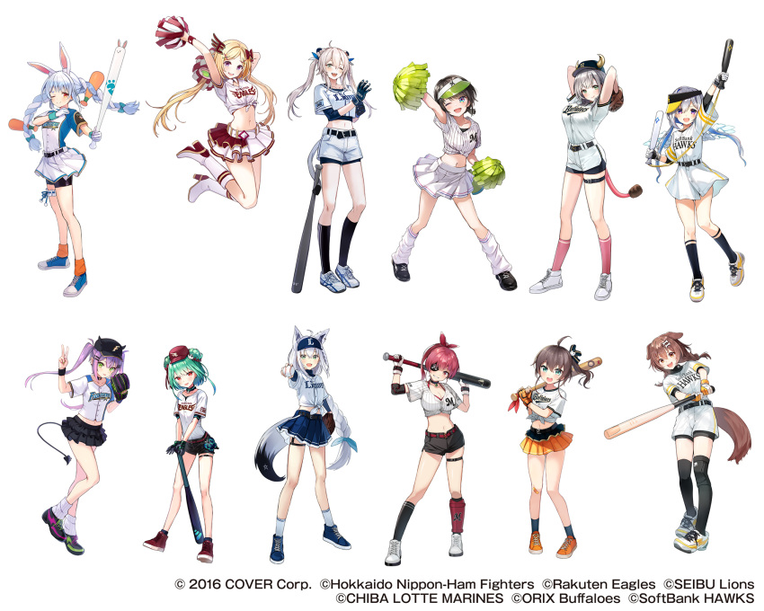 6+girls ahoge aki_rosenthal alternate_costume alternate_hairstyle amane_kanata animal_ears arms_behind_head arms_up bangs baseball_bat baseball_cap baseball_hair_ornament baseball_jersey baseball_mitt baseball_uniform belt bike_shorts black_hair blonde_hair blue_eyes bone_hair_ornament boots bow braid breasts brown_hair cat_hair_ornament cheerleader chiba_lotte_marines closed_mouth commentary company_name copyright crop_top demon_tail dog_ears dog_tail don-chan_(usada_pekora) ebi_frion_(natsuiro_matsuri) eyepatch fake_animal_ears fake_tail fangs fingerless_gloves floating_hair fox_ears fox_girl fukuoka_softbank_hawks full_body glove_pull gloves green_hair grey_hair hair_bow hair_ornament hair_ribbon hairclip hat high_heel_boots high_heels highres hokkaido_nippon-ham_fighters holding holding_baseball_bat hololive houshou_marine inugami_korone jumping kagawa_ichigo kneehighs large_breasts light_blue_hair lion_ears lion_tail long_braid long_hair medium_breasts medium_hair midriff miniskirt multicolored_hair multiple_girls natsuiro_matsuri navel nippon_professional_baseball official_art one_eye_closed oozora_subaru open_mouth orange_eyes orix_buffaloes pink_hair pleated_skirt pom_pom_(cheerleading) ponytail purple_eyes rabbit_ears red_eyes red_hair ribbon saitama_seibu_lions shirakami_fubuki shirogane_noel shirt shishiro_botan shoes short_hair short_shorts short_sleeves shorts side_ponytail sideways_hat silver_hair skirt skull_hair_ornament small_breasts smile sneakers socks sportswear suzuki_ichirou swinging tail teeth thigh_strap tied_shirt tokoyami_towa tongue tongue_out touhoku_rakuten_golden_eagles twin_braids twintails two-tone_hair uruha_rushia usada_pekora very_long_hair visor_cap white_hair wing_hair_ornament