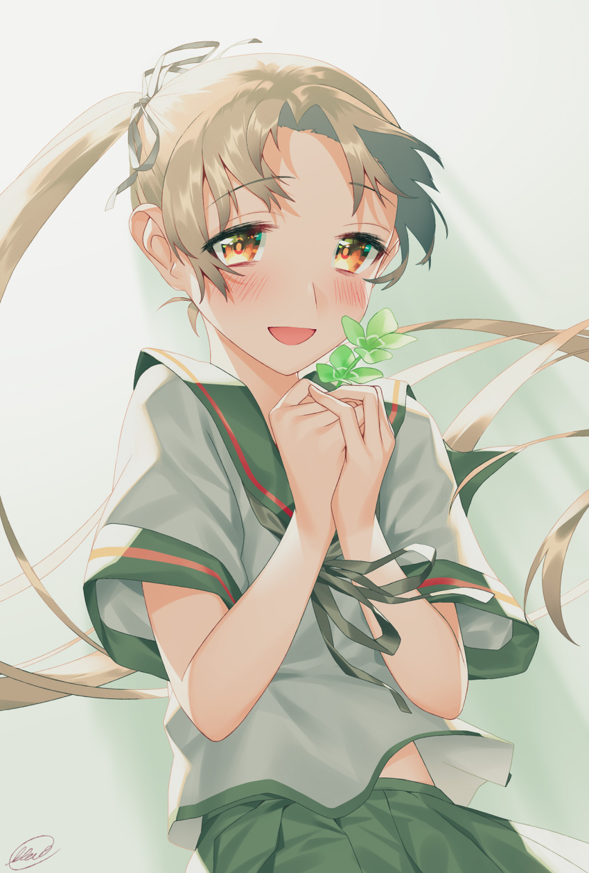 1girl ayanami_(kancolle) black_sailor_collar black_skirt blew_andwhite blush brown_eyes brown_hair clover eyebrows_visible_through_hair four-leaf_clover highres holding holding_plant kantai_collection long_hair open_mouth plant pleated_skirt remodel_(kantai_collection) sailor_collar school_uniform serafuku short_sleeves side_ponytail signature skirt smile solo upper_body