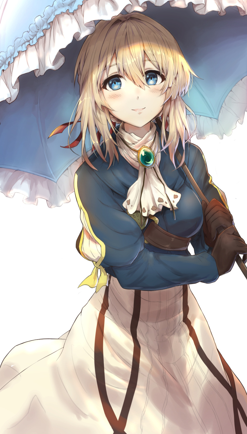 1girl black_gloves blonde_hair blue_eyes blue_jacket braid breasts brooch closed_mouth gloves hair_ribbon highres holding holding_umbrella jacket jewelry long_hair looking_at_viewer medium_breasts parasol ribbon shuucream_(syuichi) simple_background smile solo umbrella violet_evergarden violet_evergarden_(character) white_background