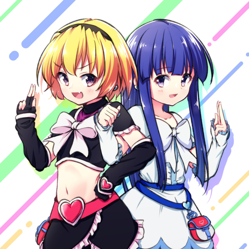 2girls arm_up arm_warmers bangs belt black_gloves black_shirt black_skirt blonde_hair blunt_bangs bow commentary_request cosplay cure_black cure_black_(cosplay) cure_white cure_white_(cosplay) dress fang fingerless_gloves furude_rika futari_wa_precure gloves hairband hand_on_hip hazumi_otoya highres higurashi_no_naku_koro_ni houjou_satoko locked_arms long_hair magical_girl midriff miniskirt multiple_girls navel open_mouth pose pouch precure purple_eyes purple_hair ribbon shirt short_hair skirt smile white_dress